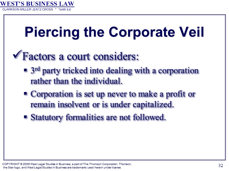 32 Piercing the Corporate Veil Factors a court considers:  3rd party tricked into